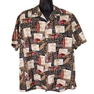 Vintage Fins Hawaiian Shirt Woodie Surfboard Palm Tree‎ Print Camp Mens XL